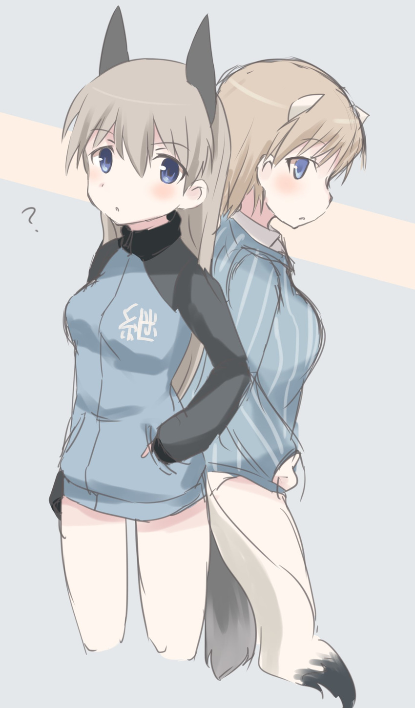 :o ? aki_(girls_und_panzer) aki_(girls_und_panzer)_(cosplay) animal_ears back-to-back blonde_hair blue_eyes blush brave_witches commentary cosplay country_connection eila_ilmatar_juutilainen girls_und_panzer hand_in_pocket highres jacket keizoku_military_uniform keizoku_school_uniform long_hair looking_at_viewer mikko_(girls_und_panzer) mikko_(girls_und_panzer)_(cosplay) military military_uniform multiple_girls nikka_edvardine_katajainen short_hair simple_background sketch strike_witches tail toyosu_toyosu track_jacket uniform weasel_tail white_background world_witches_series