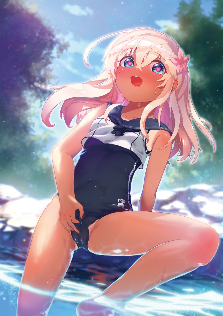 absurdres bad_id bad_pixiv_id blonde_hair blue_eyes blush breasts cameltoe commentary_request covered_navel crop_top day flower hair_flower hair_ornament heart heart-shaped_pupils highres kantai_collection leg_up long_hair looking_at_viewer nijimaarc one-piece_tan open_mouth outdoors partially_visible_vulva ro-500_(kantai_collection) sailor_collar school_swimsuit small_breasts smile solo swimsuit swimsuit_under_clothes symbol-shaped_pupils tan tanline wading water wet