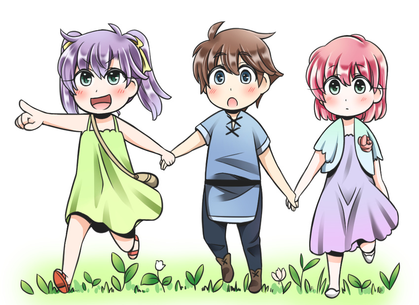 2girls :d :o blue_eyes blush brown_hair butz_klauser commentary_request faris_scherwiz final_fantasy final_fantasy_v green_eyes holding_hands lenna_charlotte_tycoon mabo-udon multiple_girls open_mouth pink_hair purple_hair short_hair siblings sisters smile twintails younger