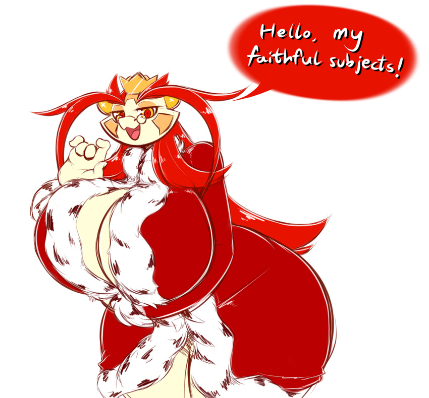 anthro averyshadydolphin big_breasts breasts butt clothing dragon eyewear female glasses hair hi_res huge_breasts hyper hyper_breasts looking_at_viewer markings red_hair simple_background sokajou solo speech_bubble voluptuous wide_hips