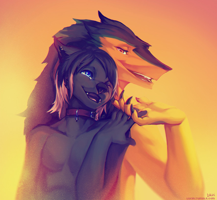 ambiguous_gender collar fangs feline lukiri male mammal one_eye_closed open_mouth sergal simple_background smile standing teeth tongue turkinwif