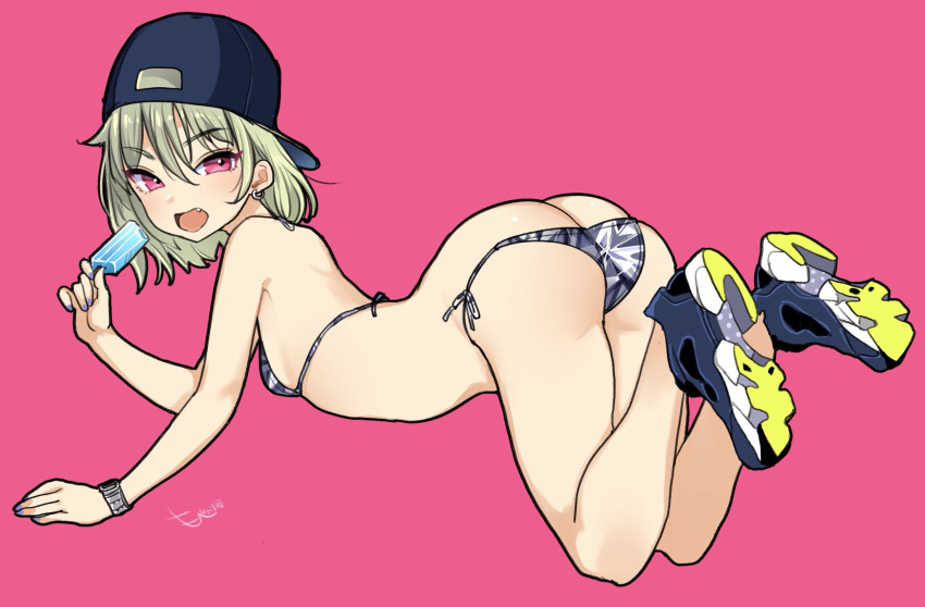 1girl :d ass back baseball_cap bikini blonde_hair breasts earrings fang food full_body hat highres jewelry looking_at_viewer medium_hair mojarin_(kihara_mojarin) nail_polish open_mouth original popsicle purple_background purple_eyes purple_nails shoes simple_background small_breasts smile sneakers swimsuit watch wristwatch