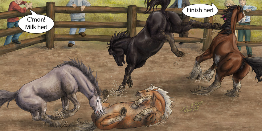 2015 anatomically_correct anatomically_correct_anus anatomically_correct_pussy animal_genitalia animal_pussy anus bite black_fur blonde_hair brown_fur cheering clothed clothing detailed_background english_text equine equine_pussy feathering female fence feral fight footwear fur grey_fur group hair hi_res hooves horse human kick light_skin lying male mammal mane mud multicolored_fur on_back open_mouth pants puffy_anus pussy quadruped rufciu shirt shoes signature speech_bubble step_pose teats teeth text two_tone_fur underhoof white_fur