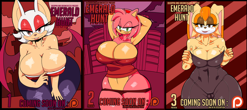 absurd_res amy_rose anthro armpits bat big_breasts blush breasts cleavage clothed clothing curves dreamcastzx1 english_text female green_eyes hedgehog hi_res huge_breasts lagomorph mammal okioppai patreon rabbit rouge_the_bat sonic_(series) text tight_clothing vanilla_the_rabbit wings