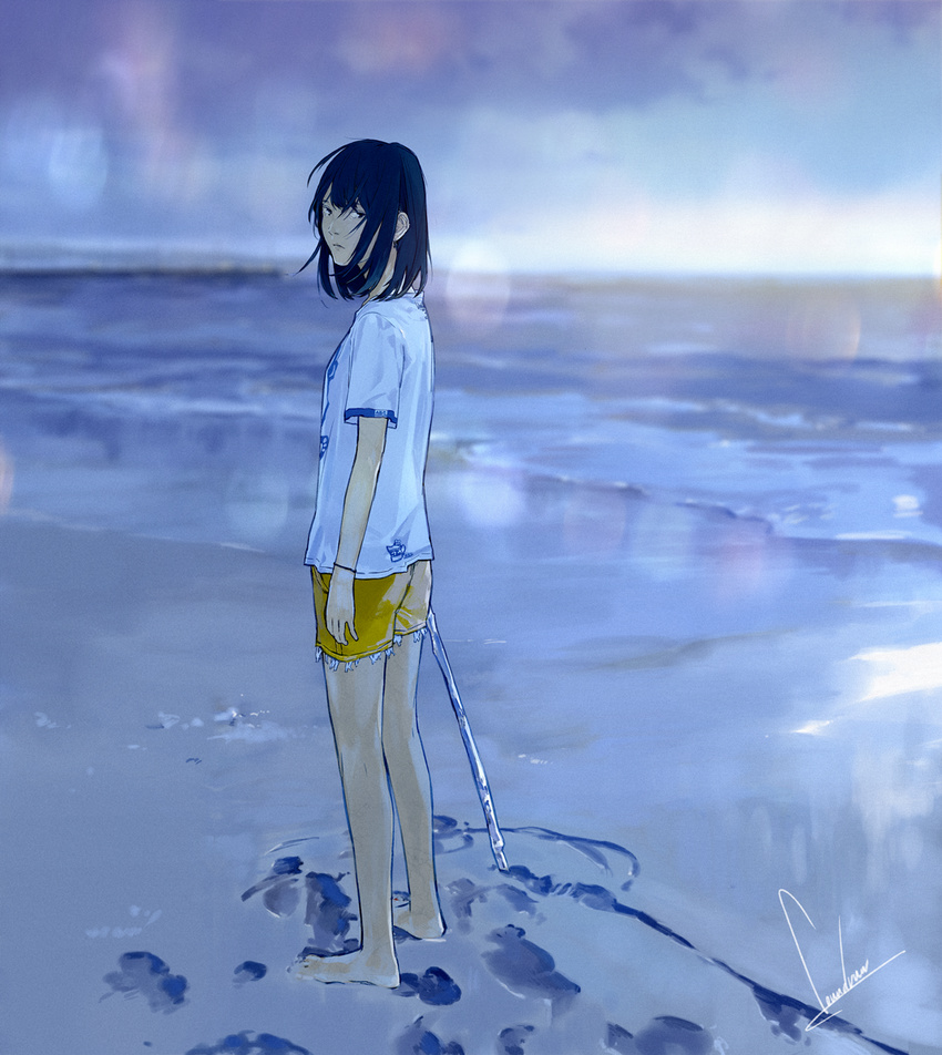 artist_name barefoot beach black_eyes black_hair blurry closed_mouth depth_of_field holding looking_at_viewer loundraw nijuuyon_no_hitomi outdoors shirt short_sleeves shorts signature solo standing stick water white_shirt yellow_shorts