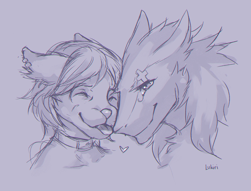 &lt;3 ambiguous_gender collar duo eyes_closed feline looking_at_viewer lukiri mammal monochrome sergal simple_background smile tongue tongue_out