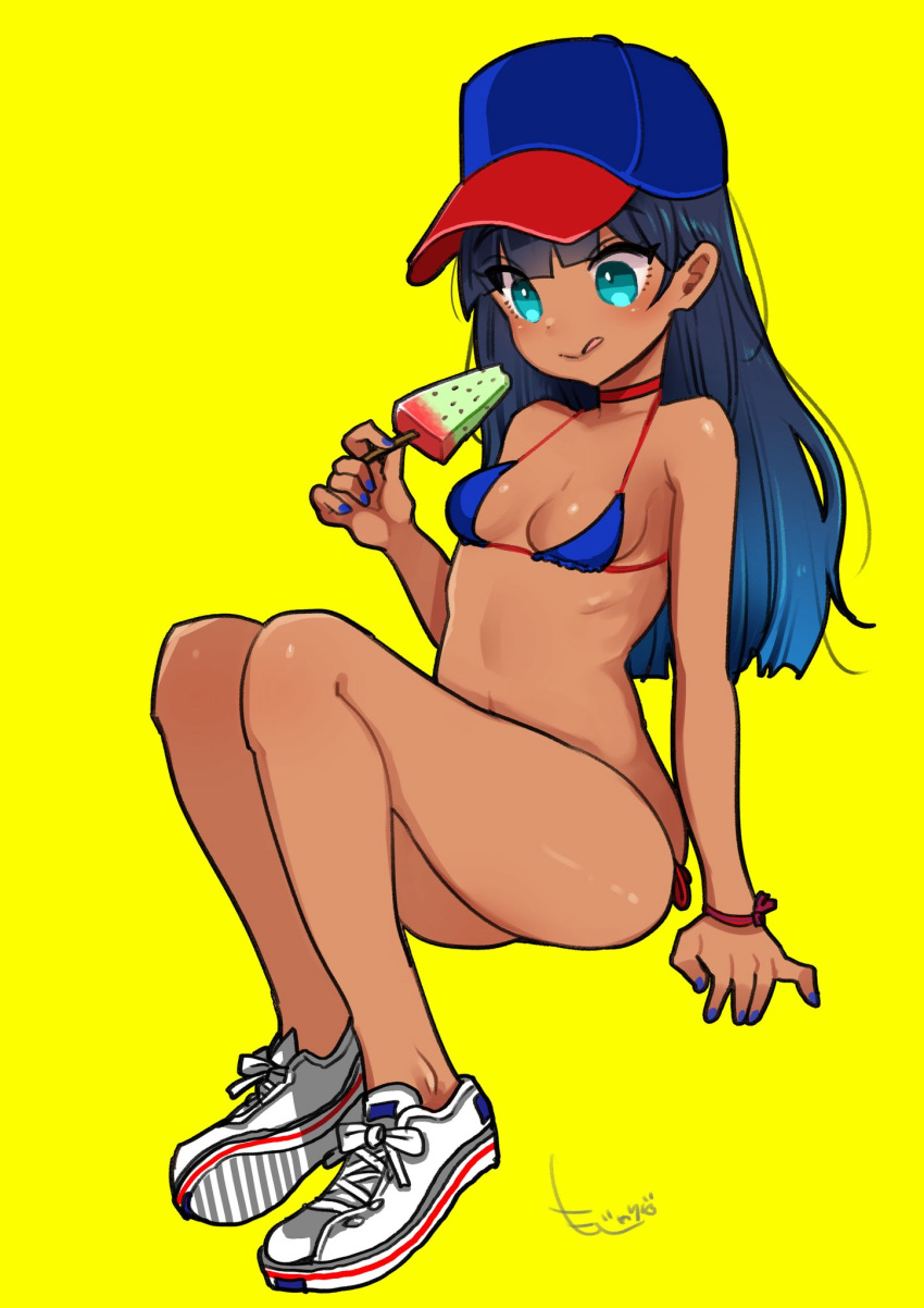 1girl :q ass baseball_cap bikini black_hair blue_bikini blue_eyes blue_nails breasts dark_skin eyebrows_visible_through_hair food hat highres long_hair mojarin_(kihara_mojarin) nail_polish original popsicle shoes simple_background sitting small_breasts smile sneakers solo swimsuit tongue tongue_out yellow_background