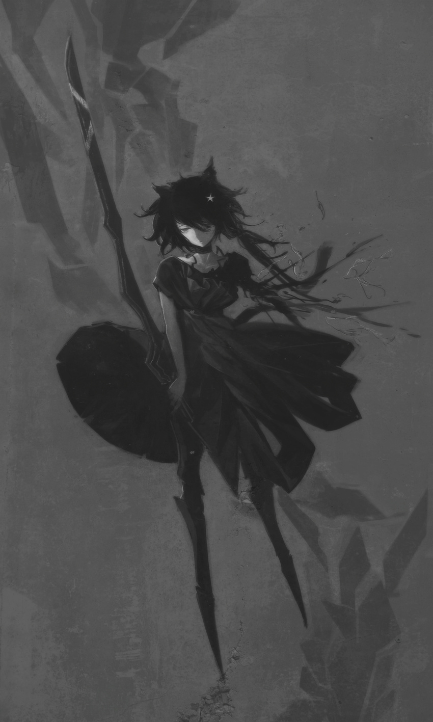 absurdres animal_ears black blade cat_ears choker dress fish full_body greyscale hair_ornament hair_over_one_eye highres holding holding_sword holding_weapon huke long_hair monochrome original parted_lips solo star star_hair_ornament sword weapon