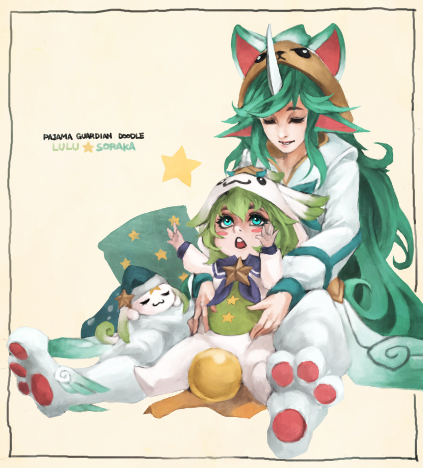 2girls absurdres alternate_costume animal_costume between_legs blush_sticks commentary cosplay english_commentary eyes_closed full_body green_eyes green_hair highres hood horn kigurumi league_of_legends long_hair lulu_(league_of_legends) making_of monori_rogue multiple_girls onesie pajamas pointy_ears sitting soraka star_guardian_lulu star_guardian_soraka very_long_hair