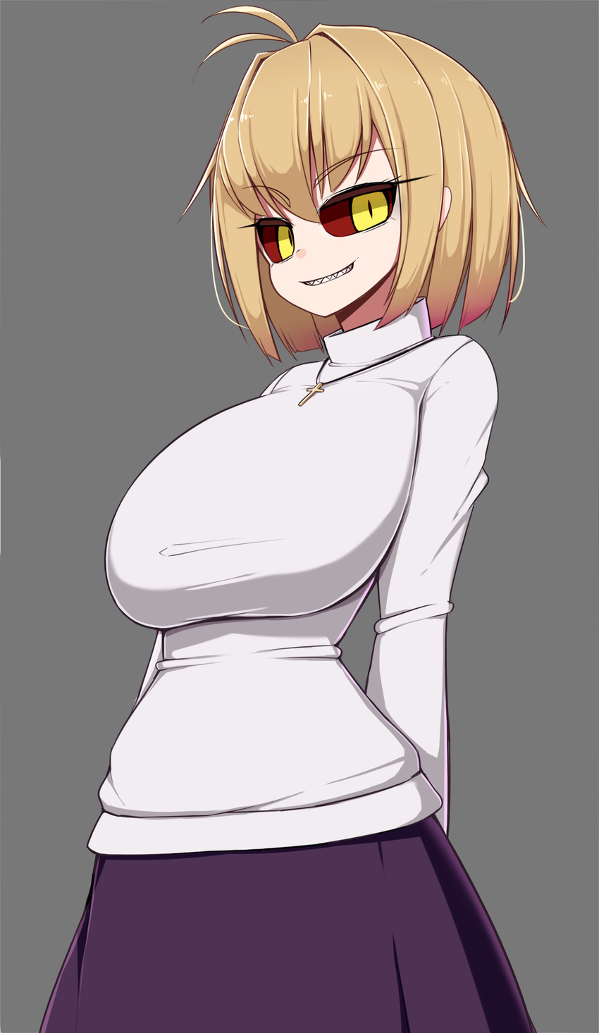 absurdres ahoge arcueid_brunestud arms_behind_back blonde_hair breasts crazy_eyes dark_persona grey_background grin highres huge_breasts long_hair looking_at_viewer red_sclera sawati sharp_teeth simple_background smile solo sweater teeth tsukihime warcueid yellow_eyes