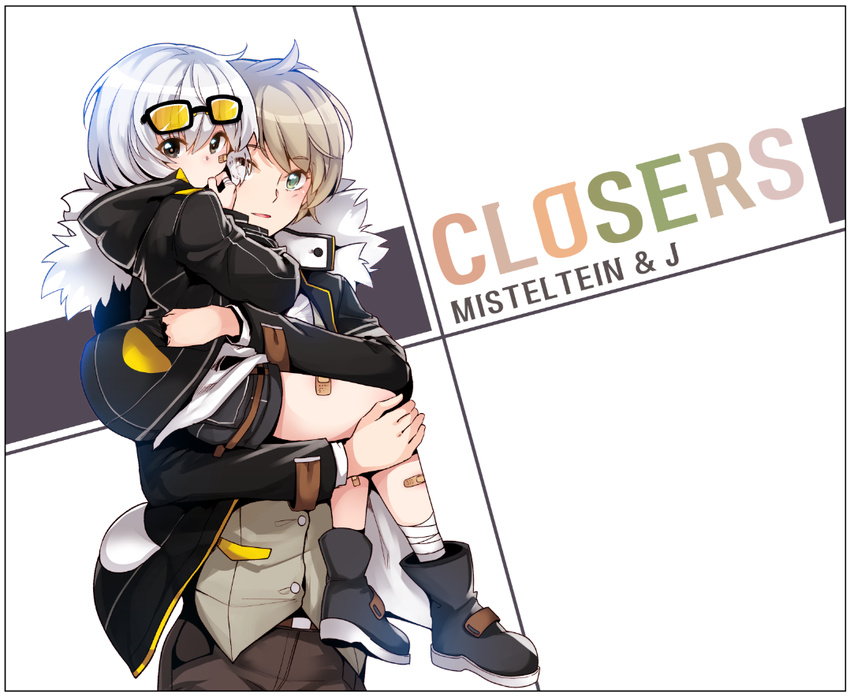bad_id bad_pixiv_id bandages bandaid carrying character_name closers color_switch copyright_name green_eyes j_(closers) jacket male_focus mistilteinn_(closers) multiple_boys open_clothes open_jacket seok sunglasses thumb_sucking white_hair