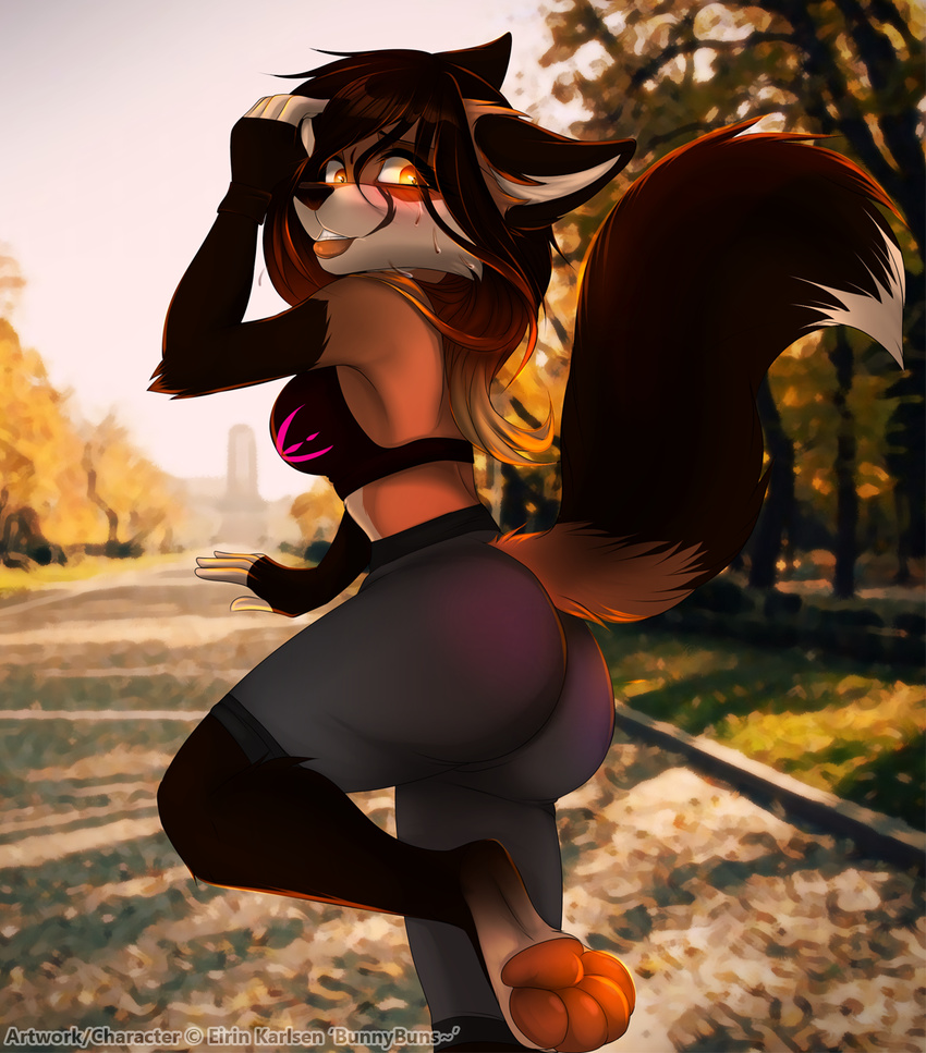 5_fingers anthro black_hair black_nose bra breasts brown_fur butt canine clothed clothing day detailed_background female fluffy fluffy_tail fox fur gradiewoof hair kiri_(character) legwear looking_back mammal midriff orange_eyes outside sky solo standing tan_fur underwear wide_hips