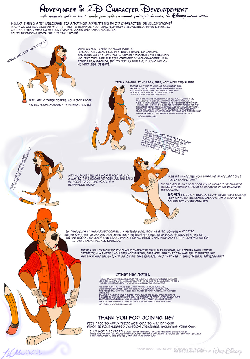 4_fingers 4_toes anthro anthrofied betsy canine clothing collar copper_(fath) disney dog english_text feral fox_and_the_hound hat how_to_guide hunter male mammal pencil_(disambiguation) shirt standing text toes transformation vest
