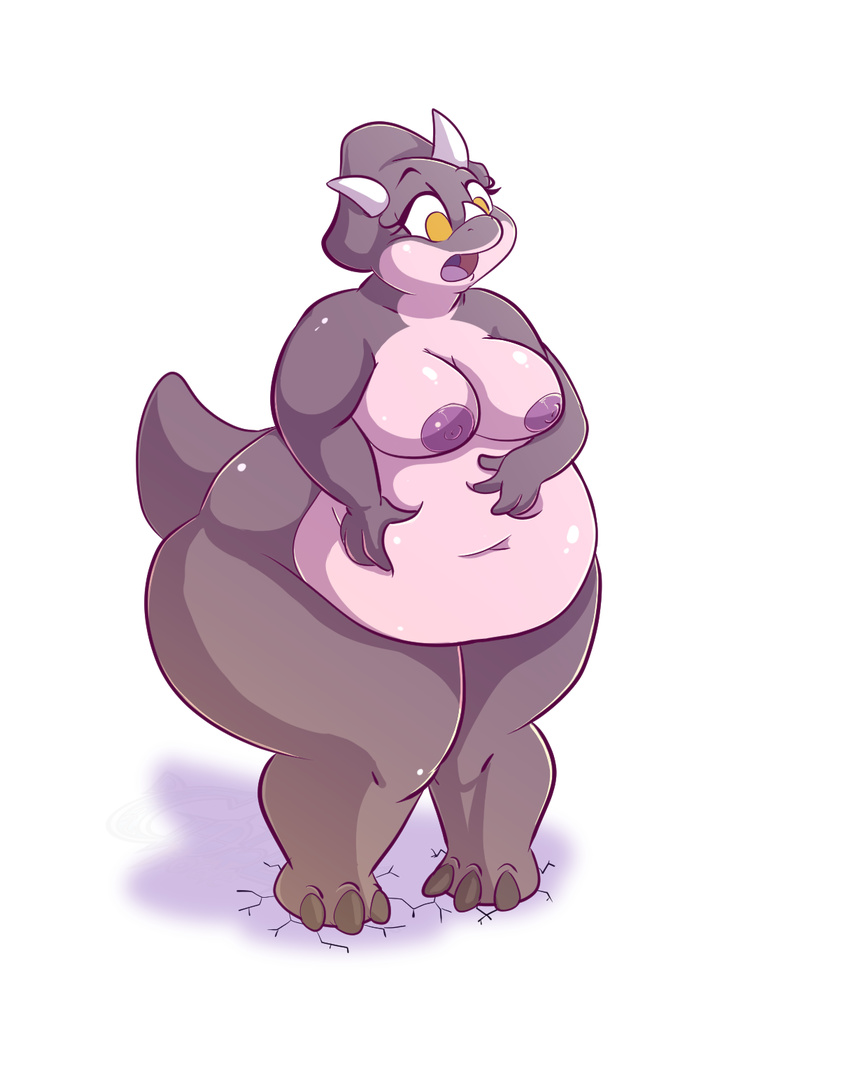 2015 alpha_channel amber_eyes anthro areola big_breasts big_nipples breasts dinosaur female goblinhordestudios grey_skin hindpaw horn nipples nude obese open_mouth overweight paws purple_nipples solo standing thick_thighs triceratops wide_hips