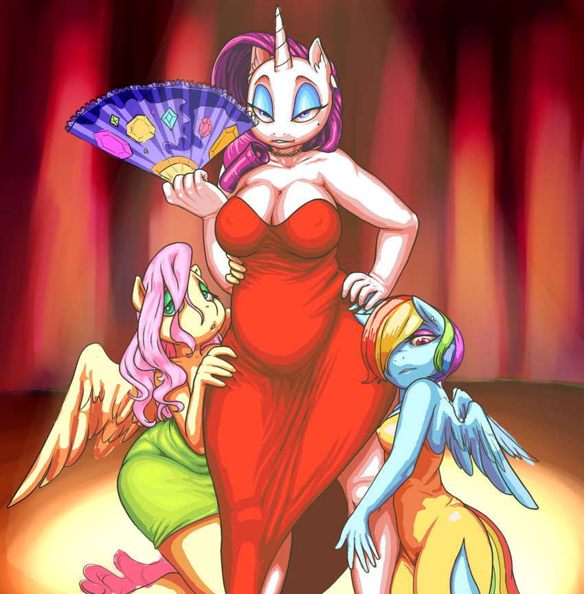 2015 2016 anthro anthrofied beauty_mark breasts cleavage clothed clothing cutie_mark dress equine eyeshadow feathered_wings feathers female fluttershy_(mlp) friendship_is_magic glacierclear group hair hair_over_eye half-closed_eyes hand_fan hand_on_hip hi_res holding_object horn huebree inside long_hair looking_at_viewer makeup mammal my_little_pony pegasus rainbow_dash_(mlp) rarity_(mlp) seductive simple_background slightly_chubby standing unicorn wide_hips wings