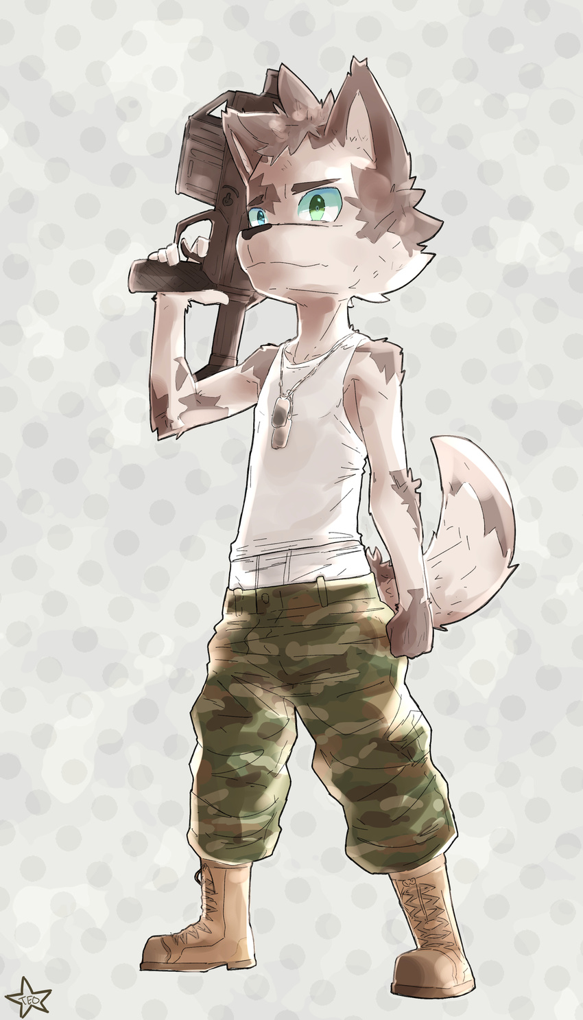 alternate_version_available blue_eyes boots briefs camo canine clothing cub dog_tags footwear front_view full-length_portrait green_eyes gun heterochromia holding_object holding_weapon hybridstaar male mammal pattern_background polka-dot_background portrait ranged_weapon sagging shirt signature simple_background solo standing tank_top teenager underwear unsure weapon wolf young