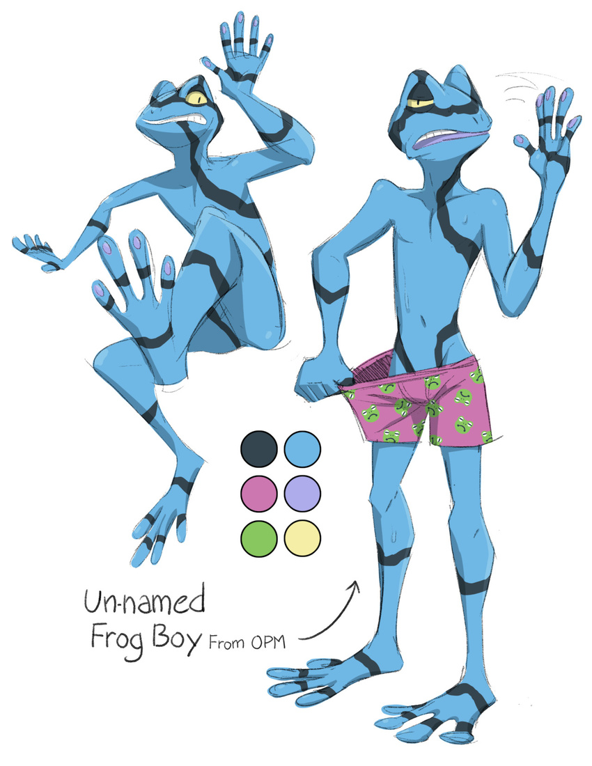 amphibian anthro barefoot boxers_(clothing) clothing color_swatch embarrassed english_text featureless_crotch frog front_view jumping lock-wolf looking_at_viewer model_sheet nude one_punch_man text underwear underwear_pull