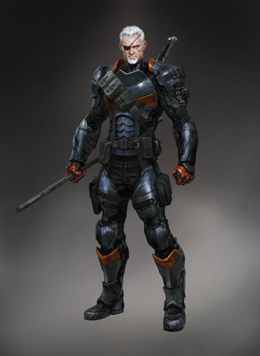 1boy armor batman_(series) belt dc_comics deathstroke eye_patch facial_hair full_body grieves male_focus solo sword weapon white_hair