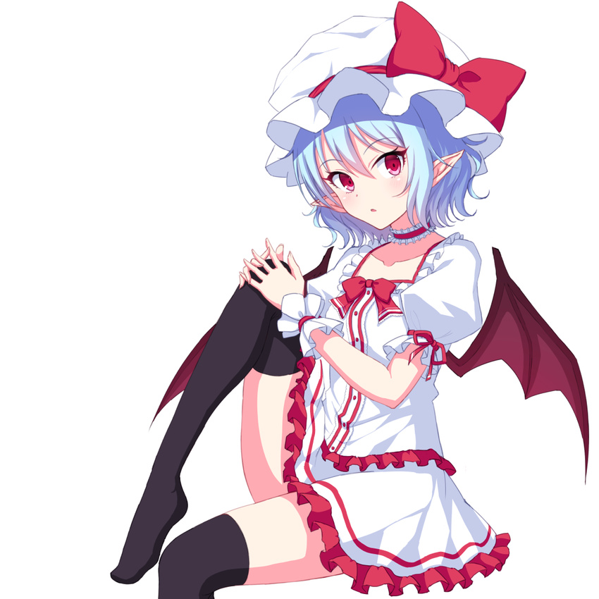 bat_wings black_legwear blue_hair blush bow frills hat junior27016 looking_at_viewer miniskirt mob_cap pointy_ears puffy_sleeves red_eyes remilia_scarlet ribbon short_hair short_sleeves simple_background skirt skirt_set solo thighhighs thighs touhou white_background wings wrist_cuffs zettai_ryouiki