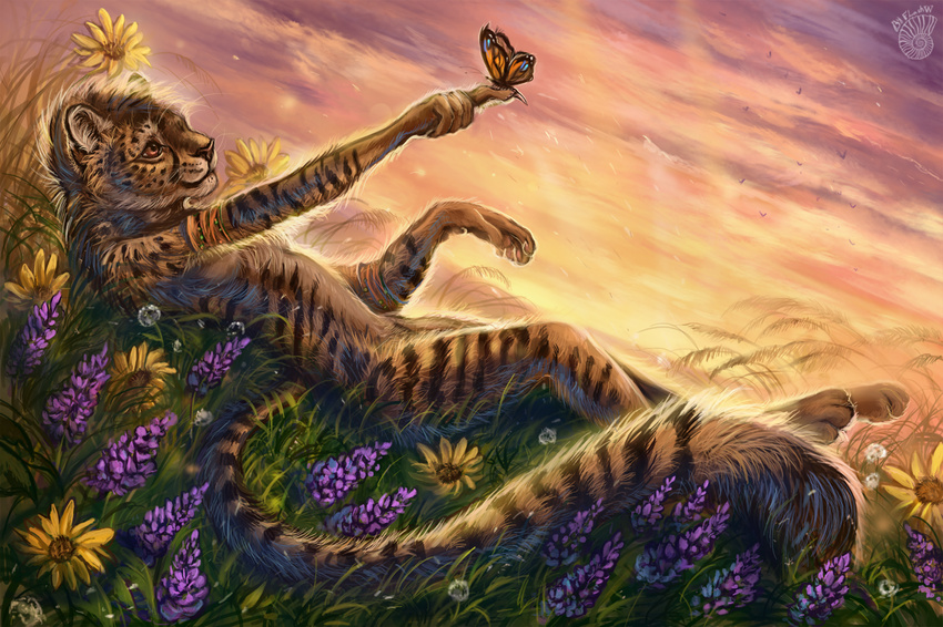 5_fingers amber_eyes ambiguous_gender anthro armlet arthropod butterfly cheetah day detailed_background feline flashw fur grass insect lying mammal nude one_back outside sky striped_fur stripes tan_fur