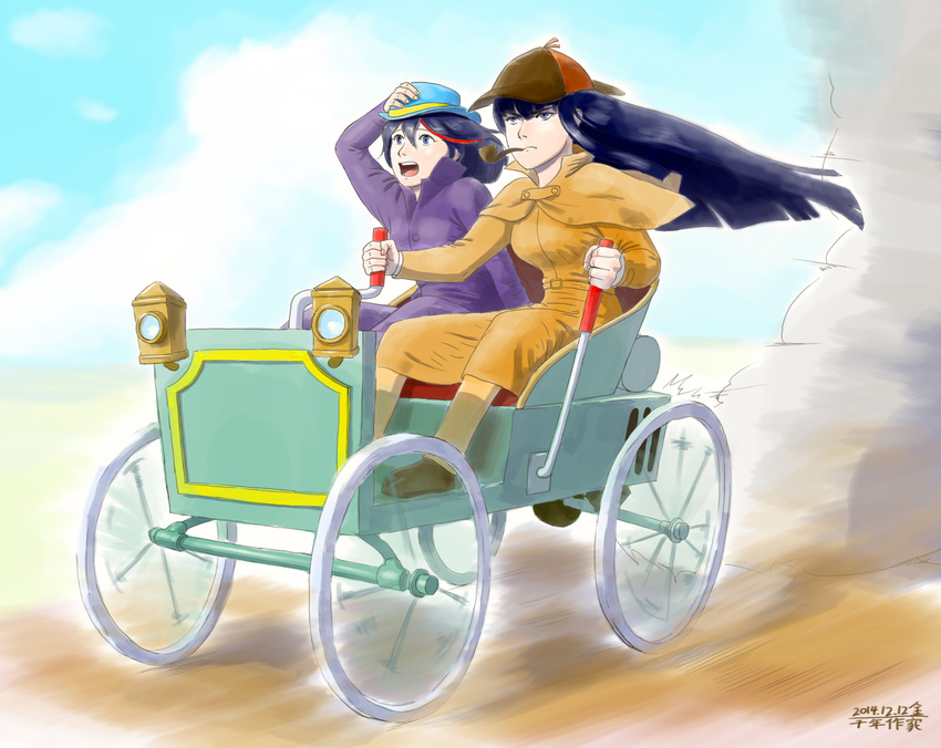 car day determined driving faux_traditional_media ground_vehicle hand_on_headwear hand_up hat hat_tug highres holding kill_la_kill kiryuuin_satsuki matoi_ryuuko meitantei_holmes motion_blur motor_vehicle multicolored_hair multiple_girls old_car parody pipe pipe_in_mouth qiannian_zuojia shoes socks streaked_hair trench_coat wind wind_lift