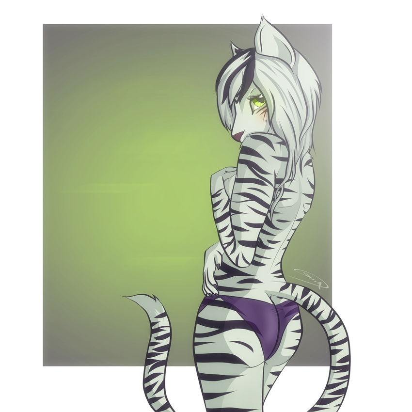 anthro breasts clothing feline female looking_at_viewer looking_back mammal mostly_nude panties sierraex simple_background smile solo standing stripes teasing underwear