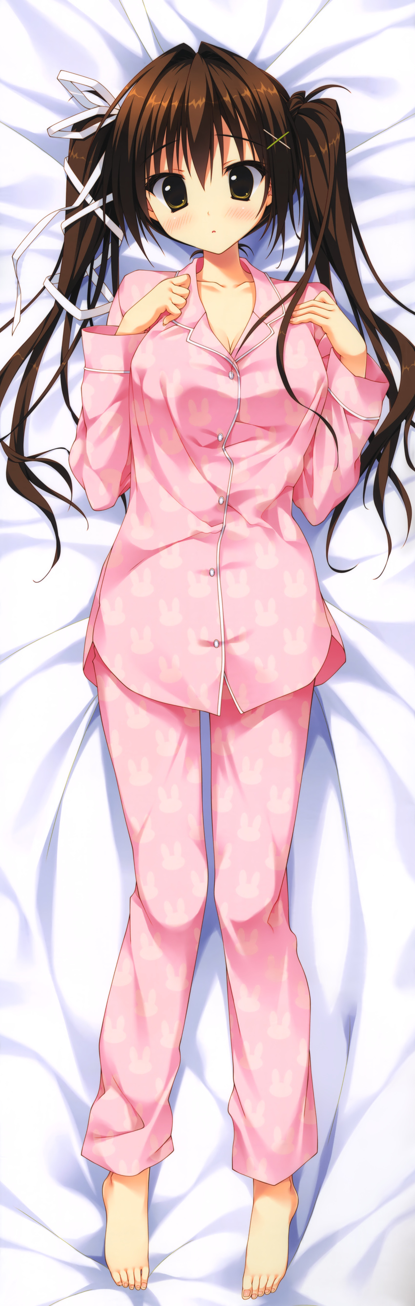 absurdres animal_print barefoot breasts brown_eyes brown_hair bunny_print cleavage dakimakura full_body hair_ribbon highres huge_filesize imouto_no_seiiki large_breasts long_hair nase_yukana pajamas print_pajamas ribbon ryouka_(suzuya) solo twintails