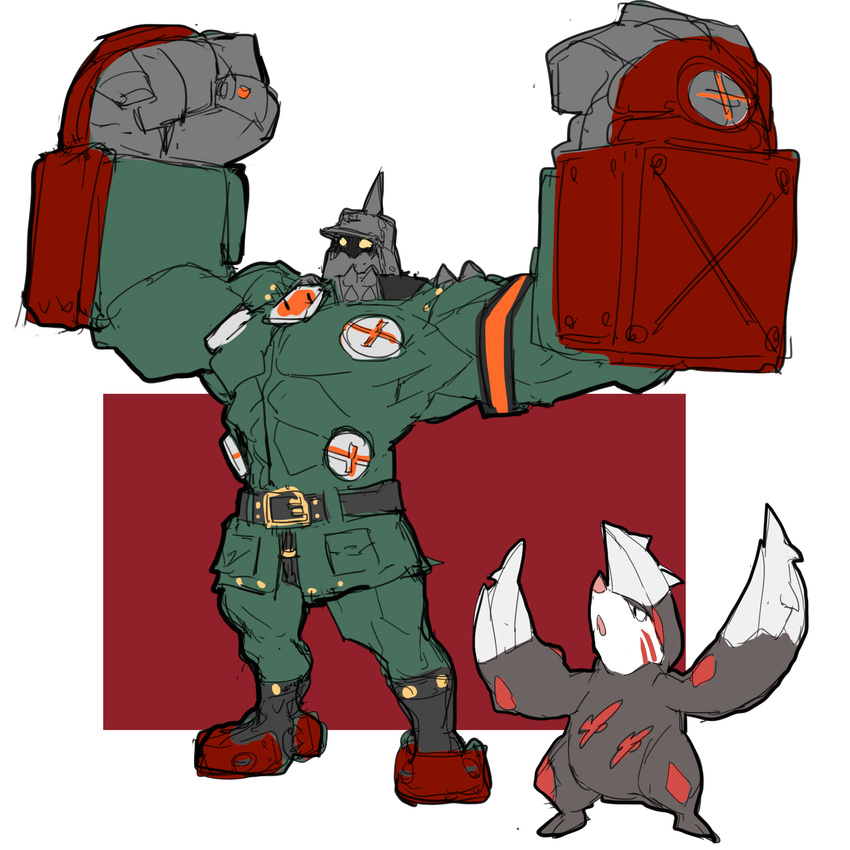 absurdres crossover excadrill gen_5_pokemon guilty_gear guilty_gear_xrd helmet highres makai military military_uniform oversized_forearms oversized_limbs pickelhaube pokemon pokemon_(creature) pose potemkin_(guilty_gear) uniform