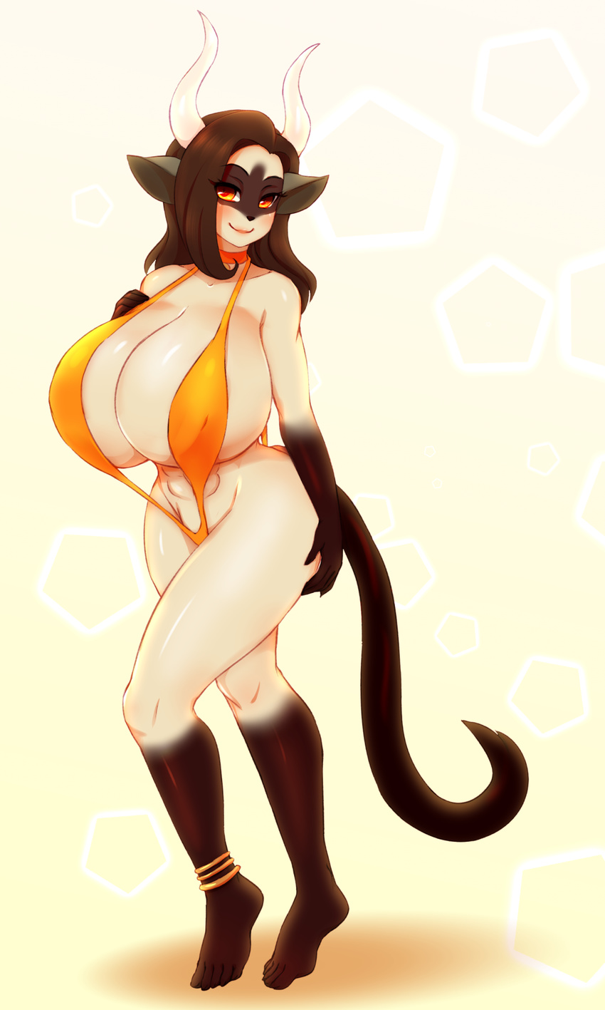 2016 abs amber_eyes anklet anthro big_breasts black_nose blush breasts brown_fur brown_hair cleavage clothed clothing female fur hair hi_res hindpaw horn huge_breasts jewelry long_hair looking_at_viewer pastelletta paws side_boob smile solo standing swimsuit unknown_species white_fur