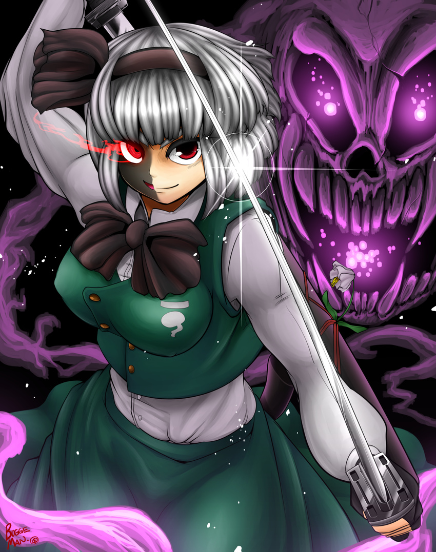 black_hairband breasts bugge_man crop_top dark_persona dual_wielding eyebrows fingerless_gloves ghost gloves glowing glowing_eye glowing_eyes hairband highres holding katana konpaku_youmu konpaku_youmu_(ghost) medium_breasts red_eyes silver_hair skirt skirt_set solo sword thick_eyebrows touhou weapon