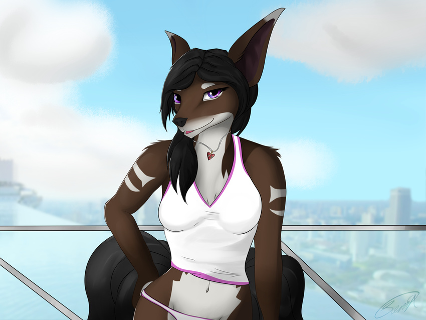 anthro canine clothed clothing female fox jewelry looking_at_viewer mammal navel necklace outside sierra_(sierraex) sierraex smile solo standing