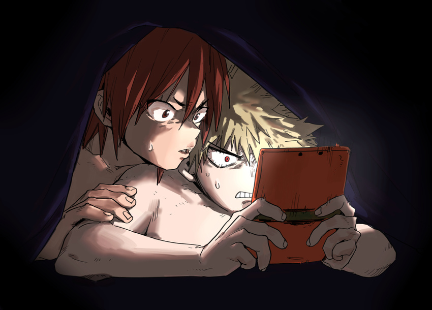 bakugou_katsuki bed_sheet blonde_hair boku_no_hero_academia handheld_game_console kirishima_eijirou multiple_boys nintendo_3ds playing_games red_eyes red_hair spiked_hair sweatdrop zhangmingxigege