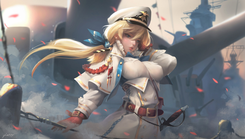 adjusting_hair bangs belt blonde_hair blue_bow blue_eyes blue_ribbon blurry blurry_background blush bow breasts buttons cannon collar covered_nipples dock double-breasted earrings erect_nipples falling_petals frilled_collar frills g-tz gloves hair_between_eyes hat highres jewelry large_breasts low_tied_hair military military_hat military_uniform original red_gloves red_lips ribbon sheath sheathed ship sword uniform watercraft weapon white_hat white_uniform