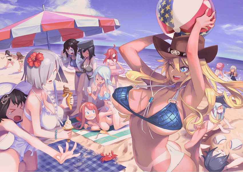 &gt;_&lt; akitsu_maru_(kantai_collection) alternate_costume alternate_skin_color american_flag arms_up bad_id bad_pixiv_id bag ball bare_arms bare_legs bare_shoulders barefoot beach beach_towel beach_umbrella beachball bikini bikini_top black_bikini black_eyes black_hair blonde_hair blouse blue_bikini blue_eyes blue_hair braid breasts brown_hair carrying_over_shoulder closed_eyes cloud cloudy_sky convenient_censoring cowboy_hat crab crop_top day flag_print flower food frilled_bikini frills from_behind from_side green_bikini grey_bikini haguro_(kantai_collection) hair_between_eyes hair_flaps hair_flower hair_ornament hair_over_one_eye halter_top halterneck hamakaze_(kantai_collection) hat hayasui_(kantai_collection) hibiki_(kantai_collection) hibiscus highleg highleg_swimsuit highres holding holding_bag huge_breasts i-58_(kantai_collection) ice_cream imminent_hug iowa_(kantai_collection) kantai_collection katahira_(hiyama) kawakaze_(kantai_collection) kitakami_(kantai_collection) lifebuoy looking_at_another looking_to_the_side lying midriff multiple_girls navel ocean on_back on_stomach one-piece_swimsuit ooi_(kantai_collection) outdoors outstretched_arms outstretched_hand peaked_cap pervert pink_hair purple_swimsuit red_hair ro-500_(kantai_collection) sand sand_sculpture school_swimsuit side-tie_bikini silver_hair single_braid sitting sitting_on_person sky sleeping small_breasts soles standing standing_on_one_leg star star-shaped_pupils swimsuit symbol-shaped_pupils tan tank_top tanline tears tenryuu_(kantai_collection) towel umbrella umikaze_(kantai_collection) underboob untied untied_bikini uzuki_(kantai_collection) white_bikini white_blouse white_hat white_swimsuit