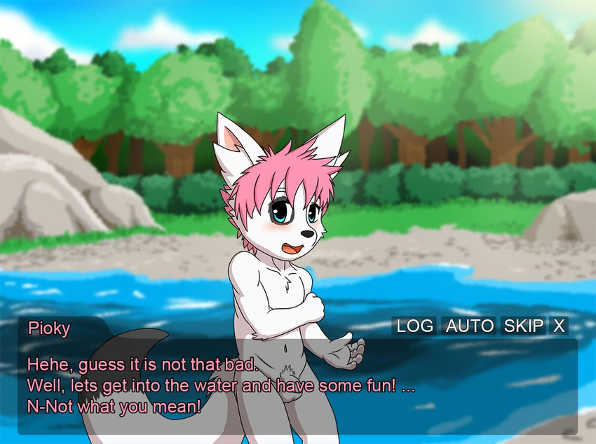 anthro balls blue_eyes blush canine child coshidragonite cub dialogue embarrassed english_text fennec flaccid fox frown fur hair hand_on_arm looking_at_viewer male mammal navel nipples nude open_mouth outside penis pink_hair pubes river solo text user_interface visual_novel white_fur wolf young