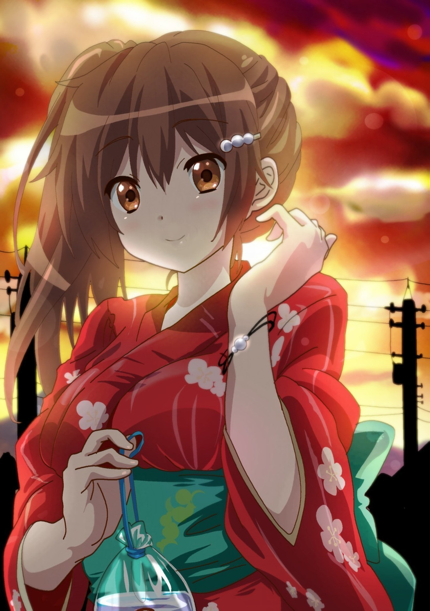 bad_id bad_pixiv_id brown_eyes brown_hair chuunibyou_demo_koi_ga_shitai! highres japanese_clothes kimono long_hair momoiro_tanuki nibutani_shinka power_lines red_kimono solo sunset yukata