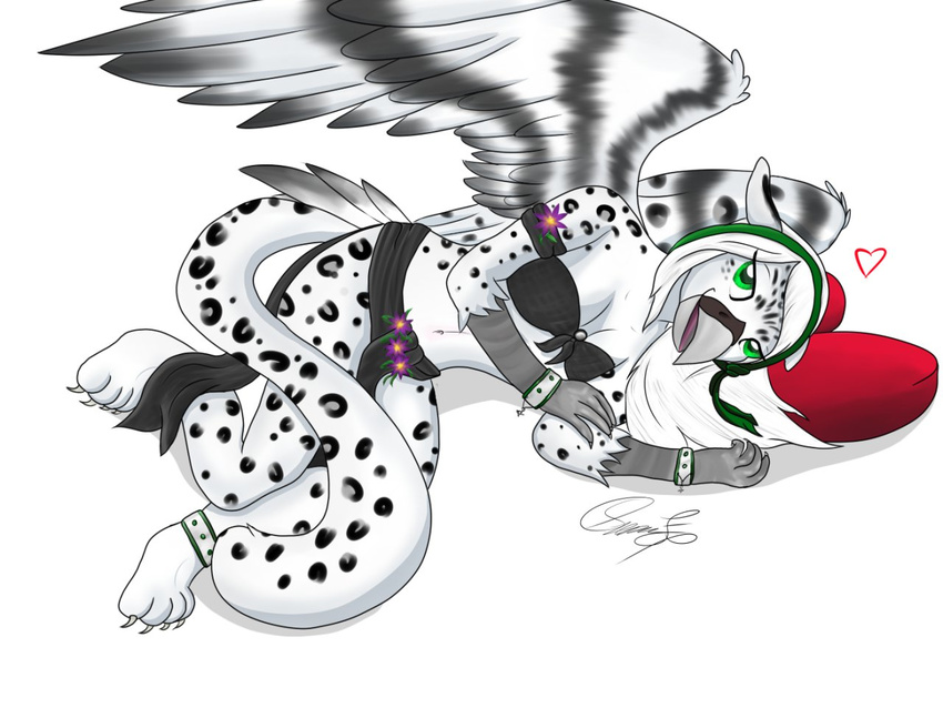 anthro avian beak bra breasts clothing feathered_wings feathers feline female gryphon hybrid leopard loincloth looking_at_viewer lying mammal navel on_side open_mouth sierraex simple_background smile snow_leopard solo spots underwear white_background wings