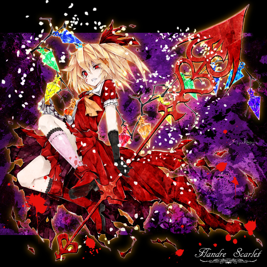 ascot black_gloves blonde_hair blood character_name clenched_teeth crystal dress elbow_gloves flandre_scarlet full_body gloves hair_ribbon highres kneehighs koumajou_densetsu laevatein looking_at_viewer mismatched_footwear pink_legwear red_dress red_eyes ribbon short_hair short_sleeves side_ponytail solo teeth torn_clothes torn_dress touhou wings yukinon_(tsuki_koubou)