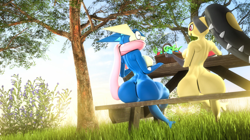 3d_(artwork) big_butt breasts butt digital_media_(artwork) female grass greninja hi_res mawile nintendo outside pervertguy341 picnic pok&eacute;mon pok&eacute;mon_(species) source_filmmaker tree video_games