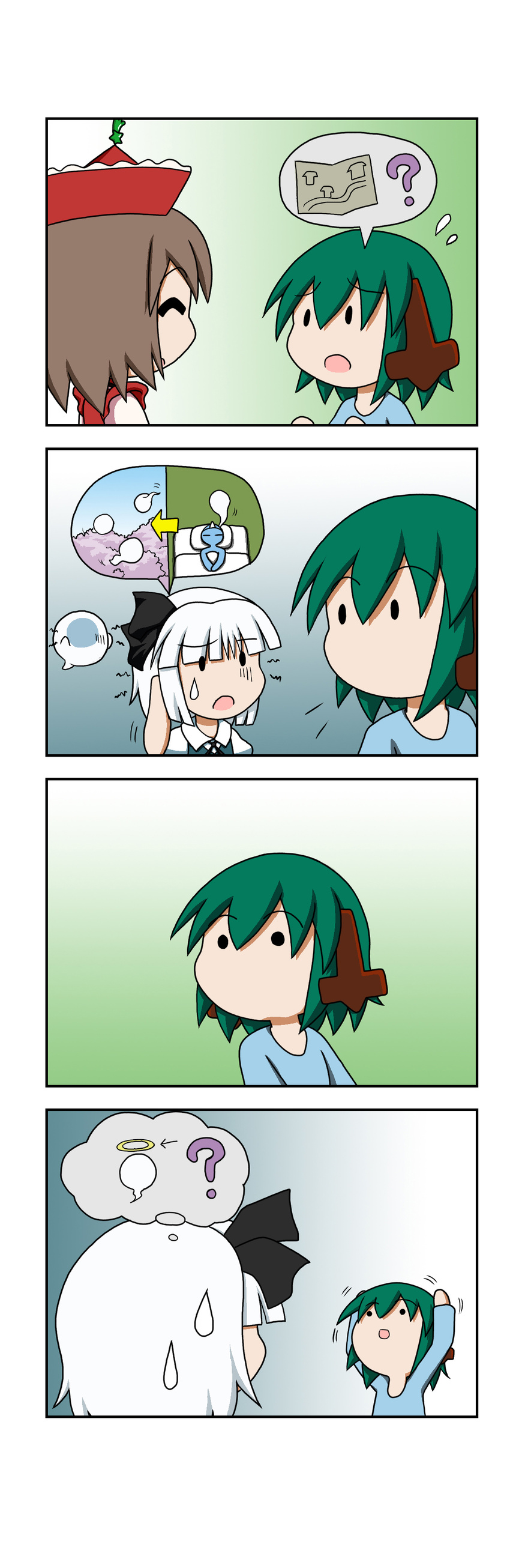 3girls 4koma :o =_= ? ^_^ absurdres animal_ears arms_up bow brown_hair cherry_blossoms chibi closed_eyes comic confused directional_arrow dog_ears floppy_ears futon gradient gradient_background green_hair hair_bow halo headache highres hitodama kasodani_kyouko konpaku_youmu konpaku_youmu_(ghost) lyrica_prismriver map multiple_girls no_mouth rakugaki-biyori reaching saigyouji_yuyuko short_hair silent_comic silver_hair simple_background spoken_object spoken_question_mark star sweatdrop touhou triangular_headpiece