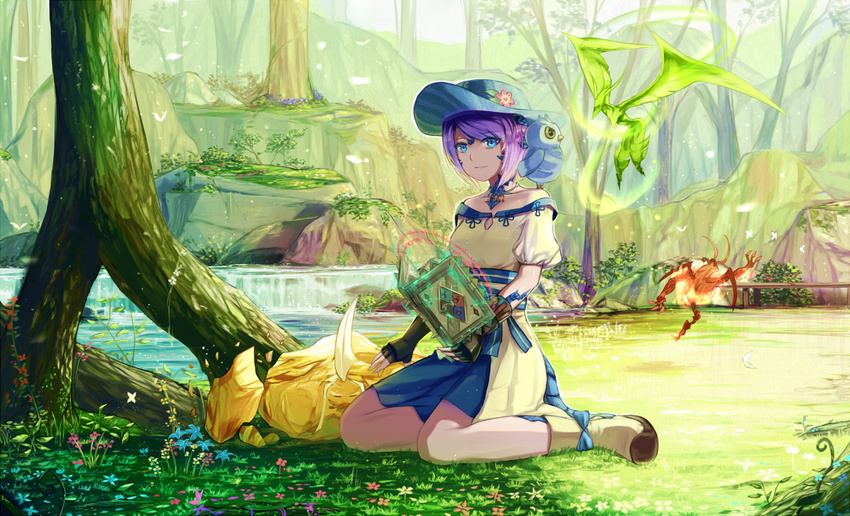animal animal_on_shoulder au_ra bangs beige_footwear bird bird_on_shoulder black_gloves blue_eyes blue_hat book boots creature dragon_tail dress facial_mark final_fantasy final_fantasy_xiv fingerless_gloves flower full_body gloves grimoire hat hat_flower jewelry light_smile looking_at_viewer magic natsumoka nature necklace off-shoulder_dress off_shoulder on_ground open_book outdoors owl puffy_short_sleeves puffy_sleeves purple_hair river runes sash scales scenery short_hair short_sleeves sitting solo summoning swept_bangs tail tree wariza water