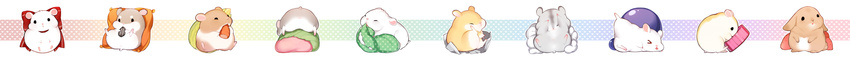 animal berry biting black_eyes bottle_cap bow bunny carrot closed_eyes confused food fruit gradient hamster heart highres holding holding_food leaf long_image looking_at_viewer no_humans nut_(food) odd_one_out original pillow rainbow_order red_bow sakura_mochi scratching_cheek scratching_head strawberry tripping wagashi wide_image wrapper youli_(yori)