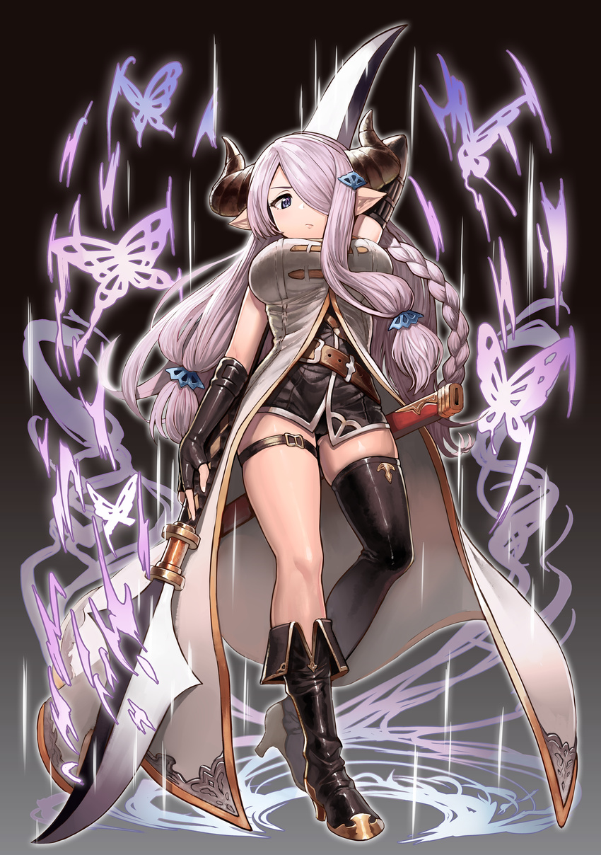 arm_up asymmetrical_legwear belt belt_buckle black_background black_footwear black_gloves black_panties blue_eyes boots breasts buckle bug butterfly closed_mouth coat double-blade draph elbow_gloves expressionless fingerless_gloves from_below full_body gloves granblue_fantasy hair_ornament hairclip highres holding holding_weapon horns insect knee_boots large_breasts long_hair low_twintails magic narmaya_(granblue_fantasy) omaru_gyuunyuu panties pantyshot pantyshot_(standing) pink_hair pointy_ears simple_background single_thigh_boot skindentation solo standing thigh_boots thigh_strap thighhighs twintails underwear very_long_hair weapon white_coat