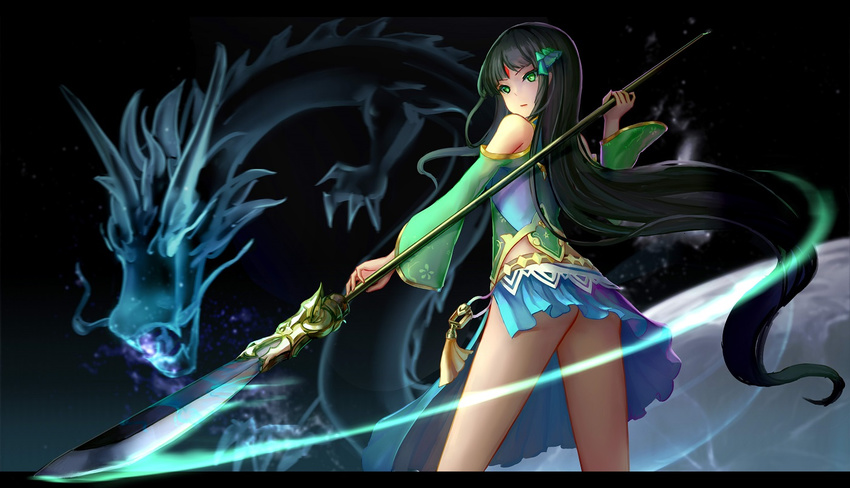 ass bare_legs bare_shoulders black_hair dragon eastern_dragon facial_mark forehead_mark green_eyes long_hair looking_at_viewer looking_back miniskirt naginata polearm skirt solo wangchuan_de_quanyan weapon