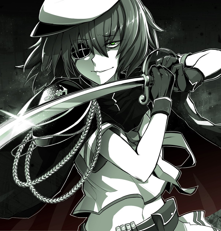 anchor_symbol armor bangs belt belt_pouch cape ebiblue eyepatch gesugao gloves green_eyes hat highres holding holding_sword holding_weapon kantai_collection kiso_(kantai_collection) limited_palette looking_at_viewer midriff narrowed_eyes navel neckerchief peaked_cap pouch remodel_(kantai_collection) saber_(weapon) sailor_collar sailor_shirt school_uniform serafuku shirt short_hair shoulder_armor solo sword weapon