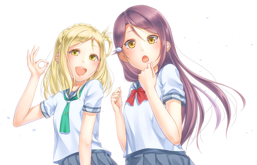 :d bad_id bad_pixiv_id blonde_hair bow bowtie braid brown_hair clenched_hands crown_braid hair_ornament hair_rings hairclip hand_on_own_face long_hair looking_at_viewer love_live! love_live!_sunshine!! multiple_girls neckerchief ohara_mari ok_sign open_mouth petals red_bow red_neckwear sakurauchi_riko school_uniform serafuku short_sleeves skirt smile tie_clip uranohoshi_school_uniform white_background yamaishi_nohi yellow_eyes