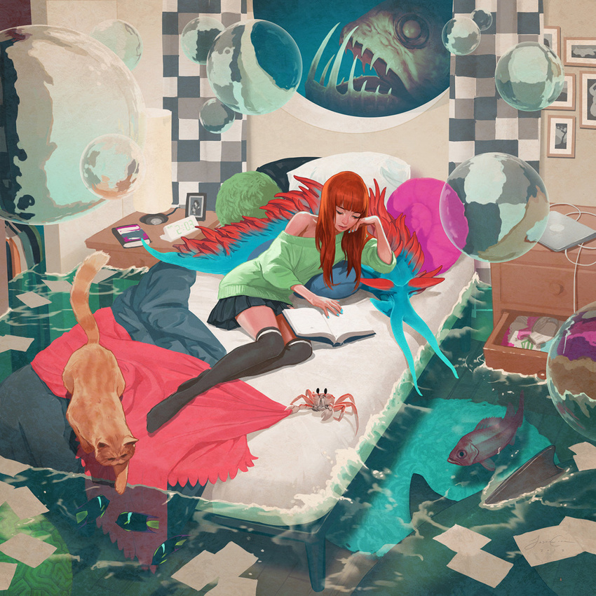 alarm_clock anglerfish artist_name bangs bed bed_sheet bedroom black_legwear blue_skirt blunt_bangs book bubble cat clock computer crab creature digital_clock fantasy fish fish_request fishbowl highres indoors jason_chan laptop long_hair lying messy_room notebook off_shoulder on_bed on_side open_book orange_hair original photo_(object) picture_(object) picture_frame reading shark signature skirt solo sweater thighhighs water zettai_ryouiki