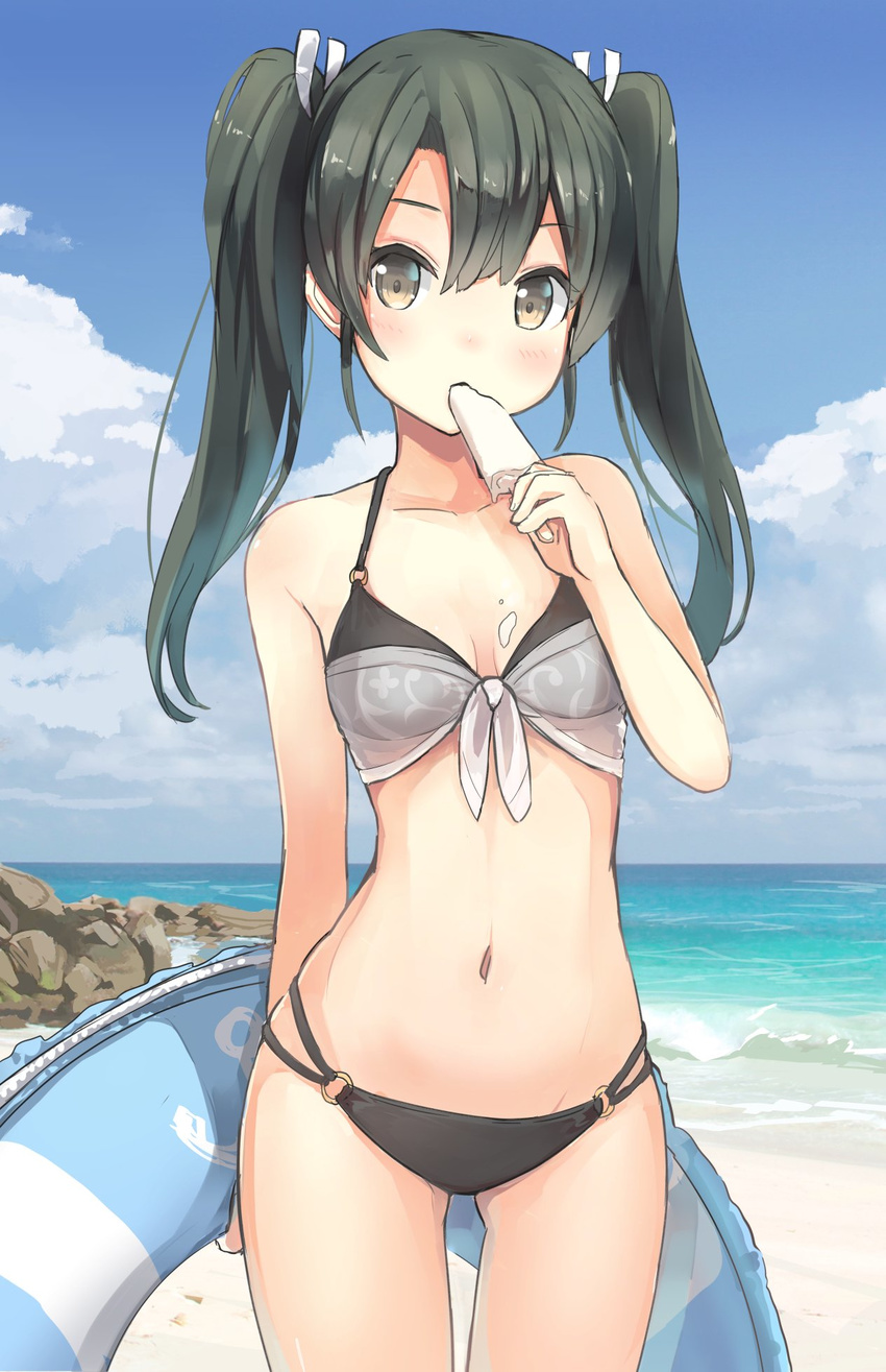 anchor_symbol ass_visible_through_thighs beach bikini black_bikini blue_sky blush breasts cloud collarbone cowboy_shot day eating food food_on_body front-tie_bikini front-tie_top green_eyes green_hair highres holding holding_food horizon innertube isegawa_yasutaka kantai_collection long_hair looking_at_viewer navel o-ring o-ring_bikini ocean outdoors popsicle sand sky small_breasts solo standing swimsuit twintails water zuikaku_(kantai_collection)