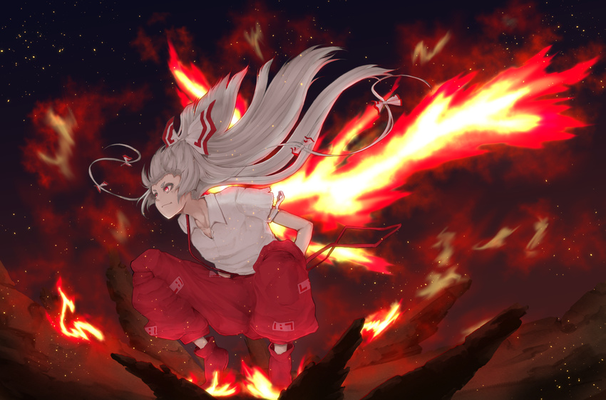 bow collared_shirt colored_eyelashes embers fiery_wings fire flat_chest fujiwara_no_mokou ground_shatter hair_bow hands_in_pockets highres long_hair looking_afar neck night night_sky pants red_eyes red_footwear red_pants shirt shoes short_sleeves silver_hair sky smile solo star_(sky) surume_(kvpsurume) suspenders taking_off talisman torn_clothes torn_sleeves touhou very_long_hair white_shirt wings