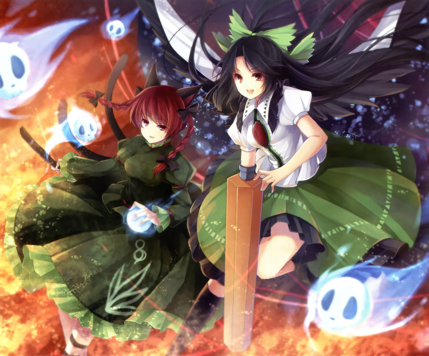 animal_ears arm_cannon black_hair bow braid brown_eyes cape cat_ears cat_tail floating_skull green_bow hagiwara_rin hair_bow highres kaenbyou_rin long_hair multiple_girls multiple_tails open_mouth red_eyes red_hair reiuji_utsuho ribbon scan smile tail touhou twin_braids twintails weapon wings